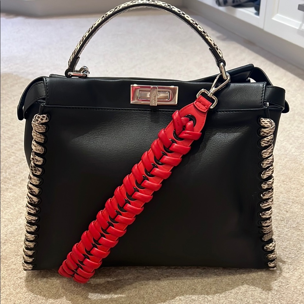 Rare Fendi  bag  black w/ivory python coils red  braided strap silver hardware.